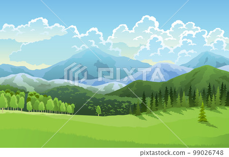 Landscape mountains, grasslands meadows and blue sky with clouds. Cartoon flat panorama of spring summer forest. Beautiful nature background. Vector illustration 99026748