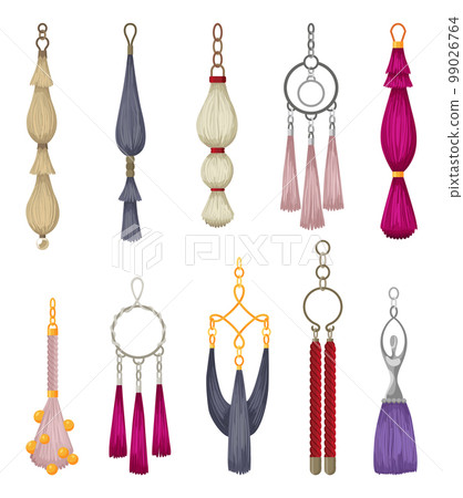 Tassel fringe accessories icon set. Leather trinket, handbag embelishments and fashion key chain. Textile zippers. Isolated vector illustration symbols Tassel fringe accessories icon set. Leather trinket, handbag embelishments and fashion key chain. Textile zippers. Isolated vector illustration symbols 99026764