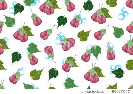 Illustration of Abutilon pictum flower with leaves on blue circle background. 99027047