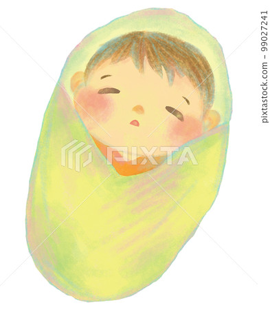 Illustration of a baby wrapped in a swaddling cloth 99027241