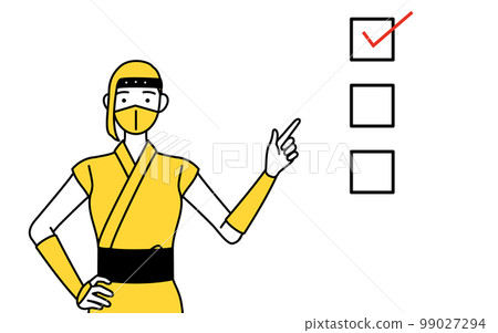 A woman in a ninja costume pointing to a checklist A woman in a ninja costume pointing to a checklist 99027294