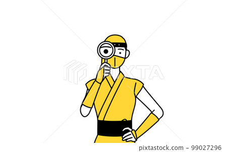 A woman in a ninja costume looking through a magnifying glass A woman in a ninja costume looking through a magnifying glass 99027296