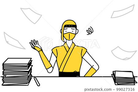 A woman in a ninja costume who is fed up with messy work 99027316