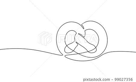 One line continuous pretzel bakery symbol concept. Silhouette bread salty German snack icon. Digital white single line sketch drawing vector illustration 99027356