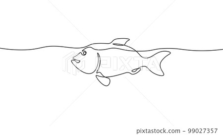 One line continuous sea fish symbol concept. Silhouette salmon fish food menu ration diet icon. Digital white single vitamin D, DHA, Omega-3 vitamin fish oil line sketch drawing vector illustration 99027357