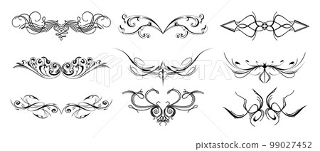 Elegant lace patterns for decoration, logos, lace frames set. Black design on a white background. Icons, decor elements, vector Elegant lace patterns for decoration, logos, lace frames set. Black design on a white background. Icons, decor elements, vector 99027452