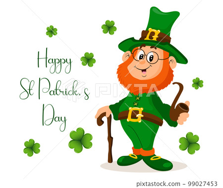 St. Patrick's Day, cute leprechaun with smoking pipe, shamrock leaves and congratulatory text. Illustration, postcard, banner, vector 99027453