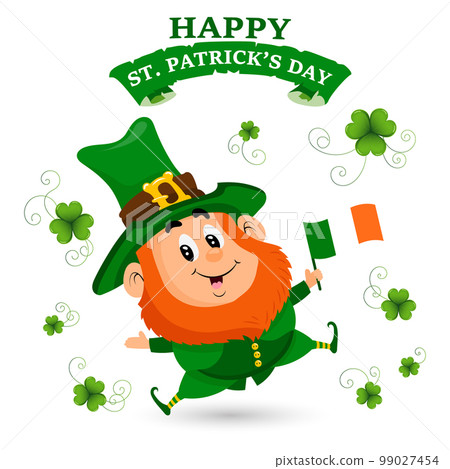 St. Patrick's Day, cute leprechaun with Ireland flag, shamrock leaves and congratulatory text. Illustration, postcard, banner, vector 99027454