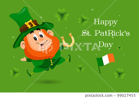St. Patrick's Day, cute leprechaun with golden horseshoe, shamrock leaves and congratulatory text. Illustration, postcard, banner, vector St. Patrick's Day, cute leprechaun with golden horseshoe, shamrock leaves and congratulatory text. Illustration, postcard, banner, vector 99027455