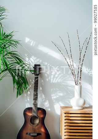 Modern minimalist Scandinavian style interior with branches of the pussy willow on a wooden console, green house plants and acoustic guitar near white wall with shadows on white wall. Vertical card. 99027585