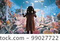 Young smart Asian kid girl stand look in fish tank at undersea aquarium, silhouette back rear view 99027722