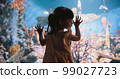 Young smart Asian kid girl stand look in fish tank at undersea aquarium, silhouette back rear view 99027723