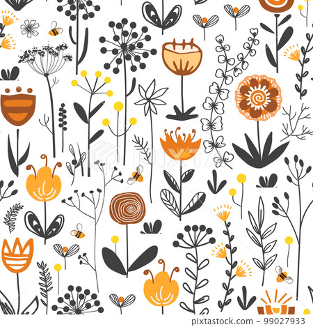 Meadow flowers seamless pattern. Blooming grass and honey bees background in Scandinavian style. Folk field doodle flowers vector pattern Meadow flowers seamless pattern. Blooming grass and honey bees background in Scandinavian style. Folk field doodle flowers vector pattern 99027933