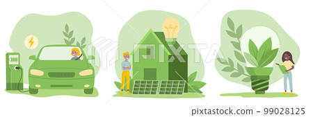 Sustainability illustration set in flat style. Energy saving light bulb, electric vehicle, solar panels. Green electricity and power save concept. 99028125