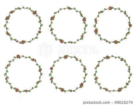 Hand drawn circle frame decoration element with leaves and flowers clip art 99028279