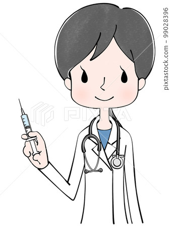 醫生（女）脖子上掛著聽診器，手裡拿著注射器的插圖 99028396