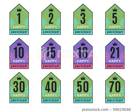 Anniversary Logo Templates Collection. Wedding badges in flat modern style and different color palletes. Birthday anniversary labels set. Stock vector emblem designs Anniversary Logo Templates Collection. Wedding badges in flat modern style and different color palletes. Birthday anniversary labels set. Stock vector emblem designs 99029086