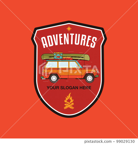Camping Adventure badge design with camper car, canoe and camp equipment. Travel logo graphics. Stock vector retro label isolated on red background Camping Adventure badge design with camper car, canoe and camp equipment. Travel logo graphics. Stock vector retro label isolated on red background 99029130