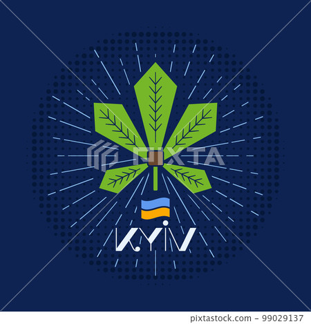 Kyiv Ukraine badge design with chestnut leaf symbol of Kyiv and flag. Retro Ukrainian city label. Stock vector emblem, national sticker 99029137