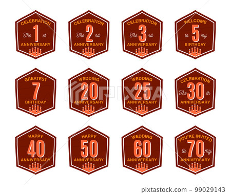 Anniversary Logo Templates Collection. Wedding badges in flat modern style and different color palletes. Birthday anniversary labels set. Stock vector emblem designs 99029143