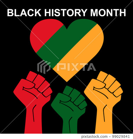 Black history month. African American History. Green, yellow and red flag. Raised hands with fists. Celebrated annual. Black history month. African American History. Green, yellow and red flag. Raised hands with fists. Celebrated annual. 99029841