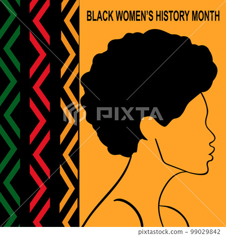 Black history month. Woman silhouette with geometric pattern in green, yellow and red colors. African American History. Celebrated annual. Black history month. Woman silhouette with geometric pattern in green, yellow and red colors. African American History. Celebrated annual. 99029842