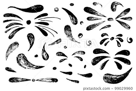 Hand draw brush quotes, commas, ornament, marks, splash, flourish set. Vector stock illustration isolated on white background for design template text and page decoration, headline, speech bubble.  99029960