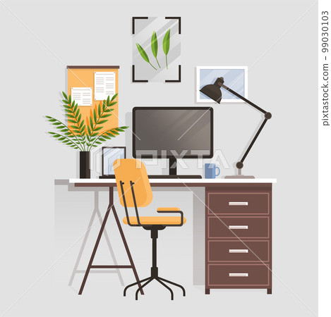 Workspace. Online or home job workplace. Empty room, modern interior, cabinet. Work at home 99030103