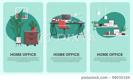 Home office concepts set with computer, armchair, homeplant, deor elements. Cosy workspace interior 99030104