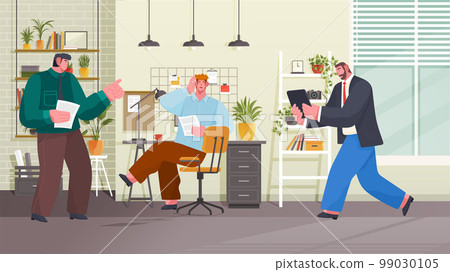 People talking at workplace. Office workers colleagues communication. Employees working together 99030105