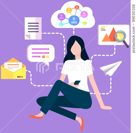 Woman with phone and internet, gallery, email, contacts icons. IT manager working with technology Woman with phone and internet, gallery, email, contacts icons. IT manager working with technology 99030108