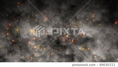 Abstract orange fiery sparks and dark gray bonfire smoke with fire, abstract background Abstract orange fiery sparks and dark gray bonfire smoke with fire, abstract background 99030151