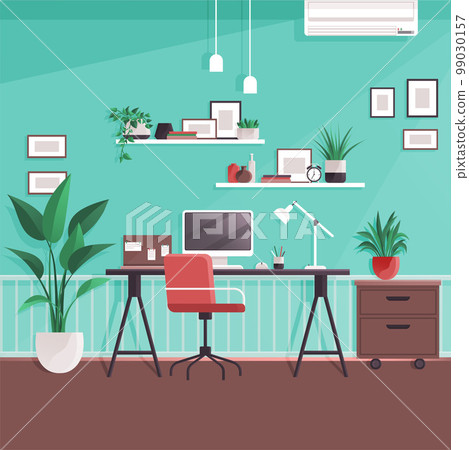Modern home office interior. Remote workplace with desk, chair, computer and potted plants 99030157