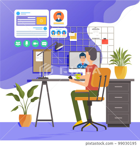 Online conference flat illustration. Man using computer to have video call with colleague or friends Online conference flat illustration. Man using computer to have video call with colleague or friends 99030195