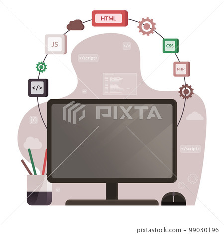 Programming languages design, program code on screen. Software, web development, technology process Programming languages design, program code on screen. Software, web development, technology process 99030196