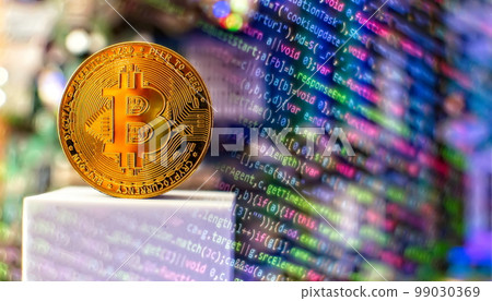 Blockchain technology bitcoin mining concept. Bitcoin golden coin on computer circuit board. banner copy space Blockchain technology bitcoin mining concept. Bitcoin golden coin on computer circuit board. banner copy space 99030369