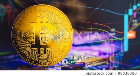 Blockchain technology bitcoin mining concept. Bitcoin golden coin on computer circuit board. banner copy space 99030380