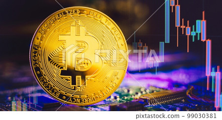 Blockchain technology bitcoin mining concept. Bitcoin golden coin on computer circuit board. banner copy space Blockchain technology bitcoin mining concept. Bitcoin golden coin on computer circuit board. banner copy space 99030381