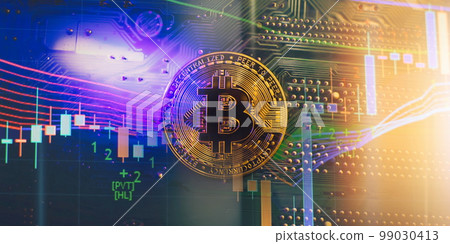 Cryptocurrency concept , Golden bitcoin on mainboard , The future of money. Computational equipment. Cryptocurrency concept , Golden bitcoin on mainboard , The future of money. Computational equipment. 99030413
