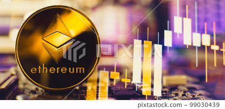 Bitcoin cryptocurrency new version on computer electronic circuit board background . Virtual cryptocurrency money Bitcoin golden 99030439