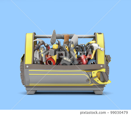 different tools set in tool bag concept of repair tools warehouse promotion front view 3d render on blue gradient 99030479