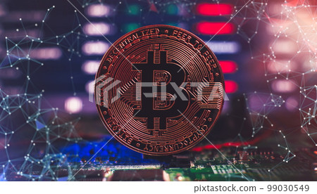 Blockchain technology bitcoin mining concept. Bitcoin golden coin on computer circuit board. banner copy space 99030549