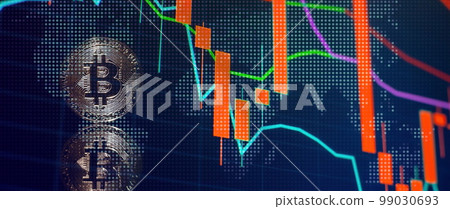 Bitcoins with Candle stick graph chart and digital background. Mining or block chain technology. 99030693