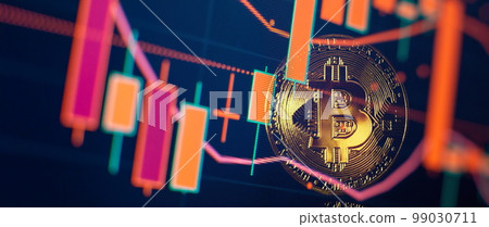 Bitcoin price crash in front of a red abstract virtual background. Stock Market Concept, digital money and stock business. Bitcoin price crash in front of a red abstract virtual background. Stock Market Concept, digital money and stock business. 99030711