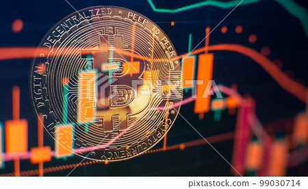 Bitcoin price crash in front of a red abstract virtual background. Stock Market Concept, digital money and stock business. Bitcoin price crash in front of a red abstract virtual background. Stock Market Concept, digital money and stock business. 99030714