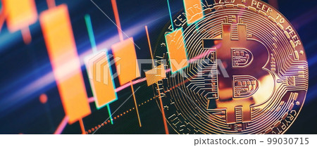 Bitcoin price crash in front of a red abstract virtual background. Stock Market Concept, digital money and stock business. 99030715