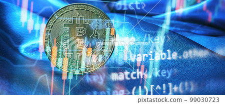 Gold bitcoins with Candle stick graph chart and digital background. Bitcoins and New Virtual money concept. Gold bitcoins with Candle stick graph chart and digital background. Bitcoins and New Virtual money concept. 99030723