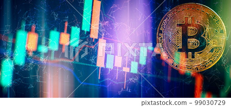 Bitcoin Stock Growth. Chart shows a strong increase in the price of bitcoin. Investing in virtual assets. Investment platform with charts and bitcoin coin. 99030729