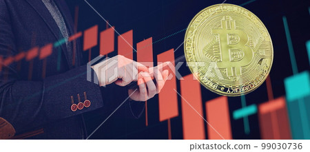 Bitcoin Stock Growth. Chart shows a strong increase in the price of bitcoin. Investing in virtual assets. Investment platform with charts and bitcoin coin. 99030736