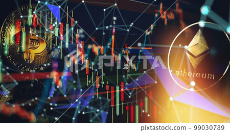 Virtual cryptocurrency concept. Bitcoin Cryptocurrency Coins. Stock Market Concept, digital money and stock business. 99030789